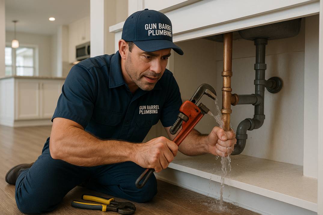 Professional plumber fixing burst pipe under sink in East Texas home – water spraying visibly.