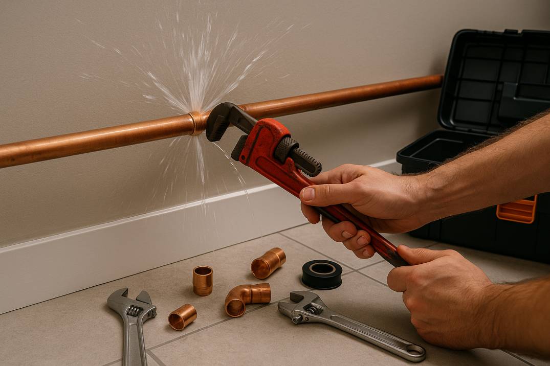 Emergency pipe repair by Gun Barrel Plumbing in Texas home with water leaking