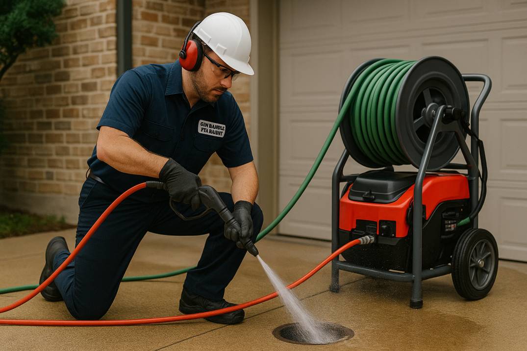 Plumber uses hydro jetting equipment on Texas driveway for emergency sewer cleanout